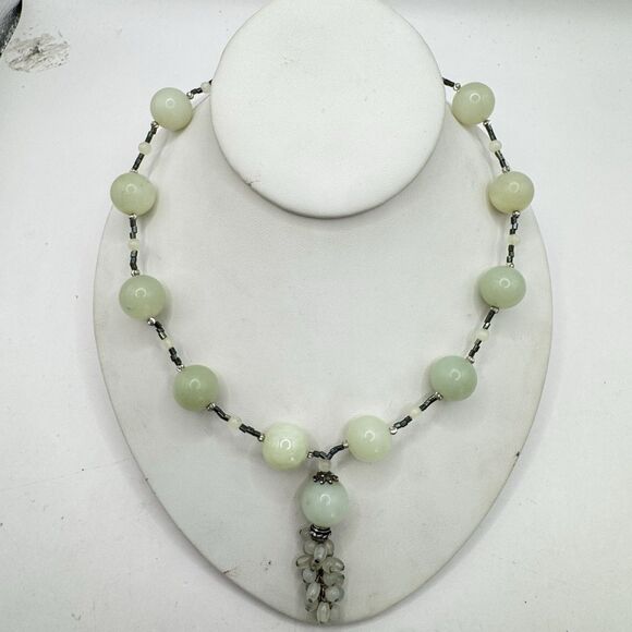 Chunky Green Stone Glass Necklace With Cluster Pendant Jadeite Boho Bohemian - Picture 2 of 8